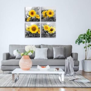 MESESE Wall Art Decor - 4 Panels Sunflower Canvas Wall Art Giclee Modern Home Decoration Watercolor Poster Canvas Picture for Living Room Ready to Hang