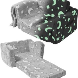 Out Kids Sofa, Glow-in-The-Dark Kids Couch Chair, 2-in-1 Children Convertible Sofa to Lounger, Extra Soft Flip-Out Toddler Couch for Siting and Sleeping, for Bedroom and Playroom