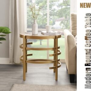 Modern Round Sofa Side Table for Living Room, Gold Small Coffee Table with Sintered Stone Top, Metal Frame, Easy Upkeep and Install, 20.7" W High-Temperature End Table