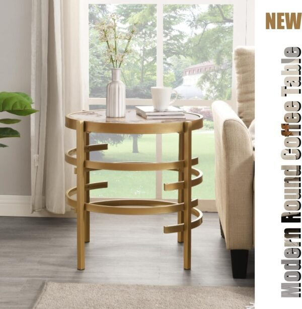Modern Round Sofa Side Table for Living Room, Gold Small Coffee Table with Sintered Stone Top, Metal Frame, Easy Upkeep and Install, 20.7" W High-Temperature End Table