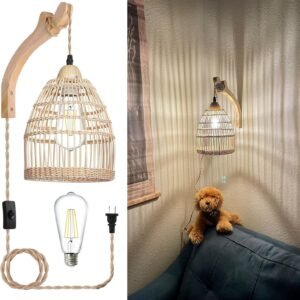 81iD8FzPAbL._AC_SL1500.jpg Frideko Bamboo Lantern Plug in Wall Sconces Wicker Wall Lamp with Plug in Cord Hand Woven Rattan Wall Light Farmhouse Rustic Wall Sconces Boho Sconces Wall Lighting for Living Room Bedroom