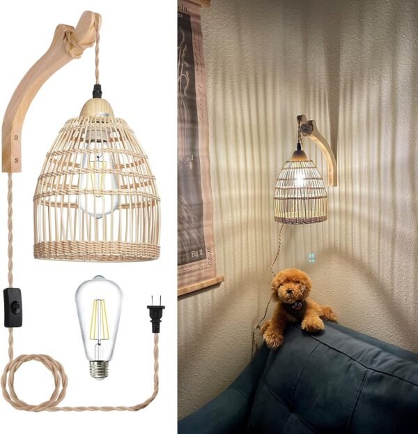 81iD8FzPAbL._AC_SL1500.jpg Frideko Bamboo Lantern Plug in Wall Sconces Wicker Wall Lamp with Plug in Cord Hand Woven Rattan Wall Light Farmhouse Rustic Wall Sconces Boho Sconces Wall Lighting for Living Room Bedroom