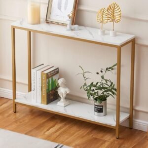 Console Table for Entryway, Faux Marble MDF Sofa Table with Golden Frame (Single Layer, White Marble)