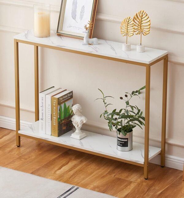 Console Table for Entryway, Faux Marble MDF Sofa Table with Golden Frame (Single Layer, White Marble)
