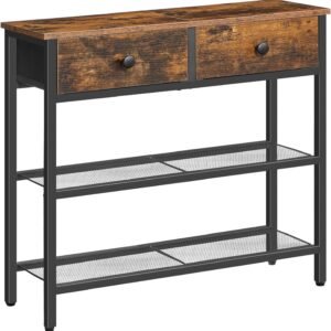 81lQAEtCybL._AC_SL1500.jpg 29.5" Narrow Console Table with 2 Fabric Drawers, Small Entryway Table with 3-Tier Storage Shelves, Thin Sofa Table, Side Table, for Living Room, Hallway, Rustic Brown and Black BF72XG01