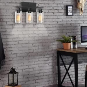 Bathroom Light Fixtures, 3-Light Bathroom Vanity Light, Matte Black Vanity Light with Clear Glass Shade, Modern Bathroom Lights Over Mirror, Vanity Lighting Fixtures for Bathroom, Living Room, Hallway
