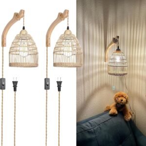 81nlYRpyBKL._AC_SL1500.jpg Frideko Bamboo Lantern Plug in Wall Sconces Wicker Wall Lamp with Plug in Cord Hand Woven Rattan Wall Light Farmhouse Rustic Wall Sconces Boho Sconces Wall Lighting for Living Room Bedroom