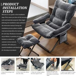 Modern Lazy Chair with Ottoman, Adjustable Lazy Chaise Lounge with Side Pocket Folding Lounge Reclining Sofa Chair with Armrest for Bedroom Living Room Balcony, Grey