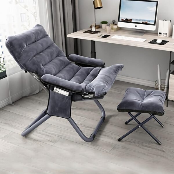 Modern Lazy Chair with Ottoman, Adjustable Lazy Chaise Lounge with Side Pocket Folding Lounge Reclining Sofa Chair with Armrest for Bedroom Living Room Balcony, Grey