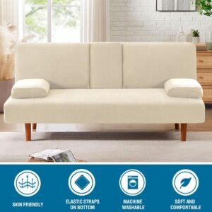 4 Pieces Stretch Futon Covers Sofa Bed Slipcover with Removable Armrests and Cupholders Covers Furniture Protector High Spandex Small Checks Jacquard Fabric, Natural