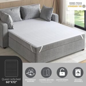 Madison Park Essentials Frisco Waterproof Sofa Bed Mattress Pad, Microfiber Channel Quilted Top - Secure Fit Anchor Band, Machine Washable Protection Cover, Queen 60x72", White