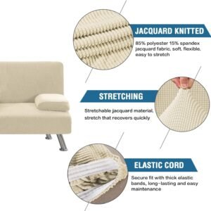 4 Pieces Stretch Futon Covers Sofa Bed Slipcover with Removable Armrests and Cupholders Covers Furniture Protector High Spandex Small Checks Jacquard Fabric, Natural