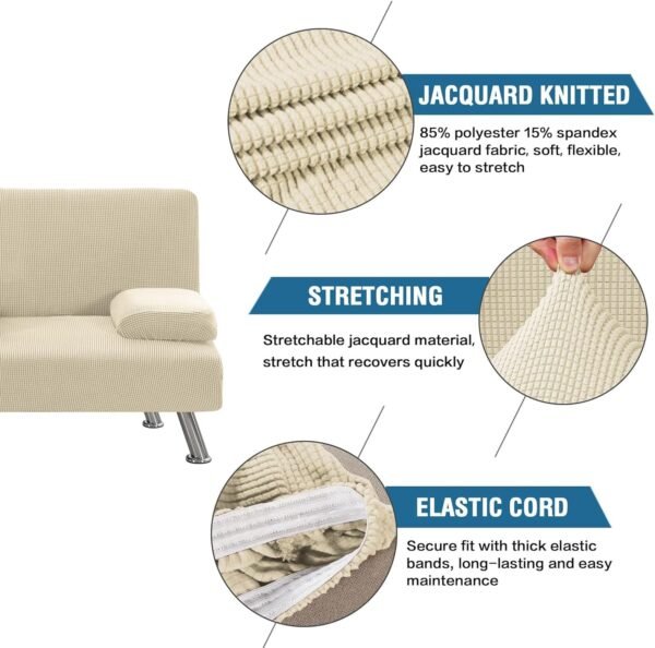 4 Pieces Stretch Futon Covers Sofa Bed Slipcover with Removable Armrests and Cupholders Covers Furniture Protector High Spandex Small Checks Jacquard Fabric, Natural