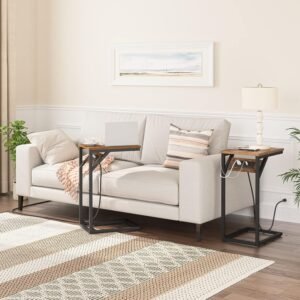 81wD1Zi5ueL._AC_SL1500.jpg HOOBRO C Shaped End Table with Charging Station, Retro Sofa Couch Side Table, Narrow Nightstand for Small Space, Living Room, Bedroom, Rustic Brown and Black BF07USF01