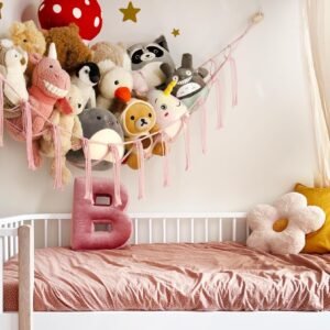 Large Stuffed Animal Hammock Corner Net for Toys Storage Hanging Stuff Animal Organizer Holder Pink Girls Living Room Bedroom Boho Nursery Dorm Decor