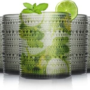 Highball Hobnail Drinking Glasses Set of 6,14 oz Vintage Glasses Drinking set,Glassware Set for Beer, Whiskey, Juice, Cocktail, Milk，Dishwasher Safe，Gift box packaging（Dark blue）