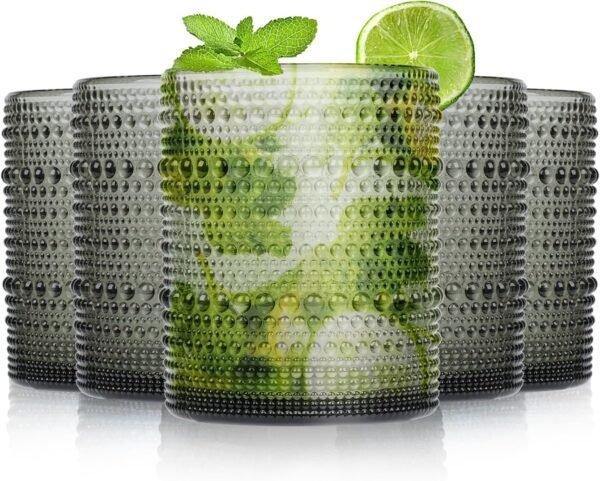 Highball Hobnail Drinking Glasses Set of 6,14 oz Vintage Glasses Drinking set,Glassware Set for Beer, Whiskey, Juice, Cocktail, Milk，Dishwasher Safe，Gift box packaging（Dark blue）