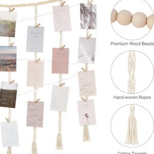 Mkono Macrame Hanging Photo Display Wall Decor with String Lights, Boho Wooden Beads Garland Collage Picture Card Frame Holder with 45 Clips for Bedroom Living Room Dorm, Teen Girl Teenage Gifts