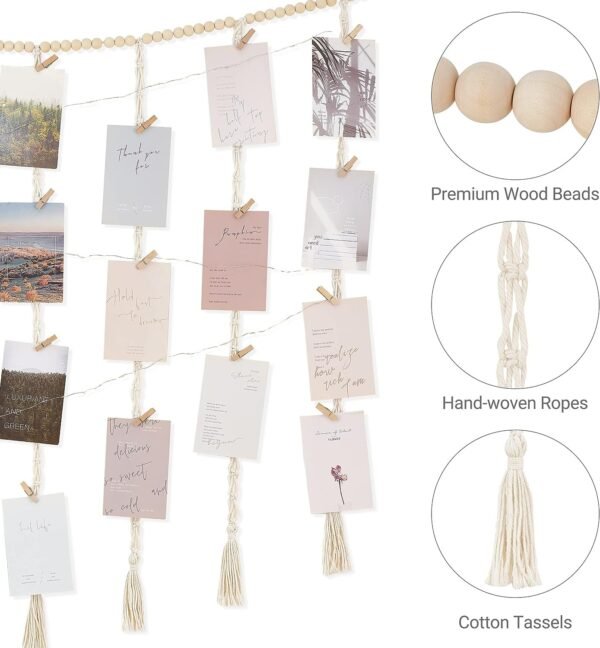 Mkono Macrame Hanging Photo Display Wall Decor with String Lights, Boho Wooden Beads Garland Collage Picture Card Frame Holder with 45 Clips for Bedroom Living Room Dorm, Teen Girl Teenage Gifts