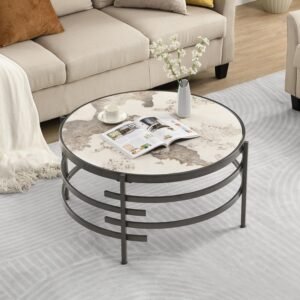Modern Round Sofa Side Table for Living Room, Gold Small Coffee Table with Sintered Stone Top, Metal Frame, Easy Upkeep and Install, 20.7" W High-Temperature End Table