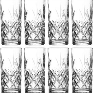 Royalty Art Kinsley Tall Highball Glasses Set of 8, 12 Ounce Cups, Textured Designer Glassware for Drinking Water, Beer, or Soda, Trendy and Elegant Dishware, Dishwasher Safe (Hiball)