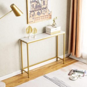 Console Table for Entryway, Faux Marble MDF Sofa Table with Golden Frame (Single Layer, White Marble)