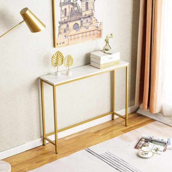 Console Table for Entryway, Faux Marble MDF Sofa Table with Golden Frame (Single Layer, White Marble)