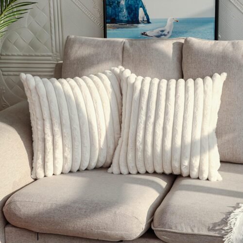 91B9hjMaebL._AC_SL1500.jpg Pack of 2,Double-Sided Faux Fur Plush Decorative Throw Pillow Covers Fuzzy Striped Soft Pillowcase Cushion Covers for Sofa Couch Bedroom White 24x24 inch