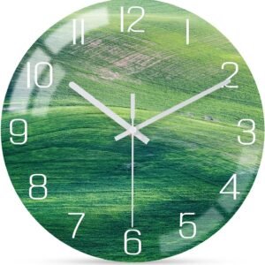 12 Inch Modern Wall Clock, Aesthetic Black and Gold Bathroom Decor Accessories, Silent Battery Operated Decorative Aurora Clocks for Living Room/Kitchen/Office/Bedroom (Glass)