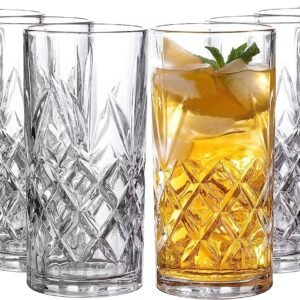 Royalty Art Kinsley Tall Highball Glasses Set of 8, 12 Ounce Cups, Textured Designer Glassware for Drinking Water, Beer, or Soda, Trendy and Elegant Dishware, Dishwasher Safe (Hiball)