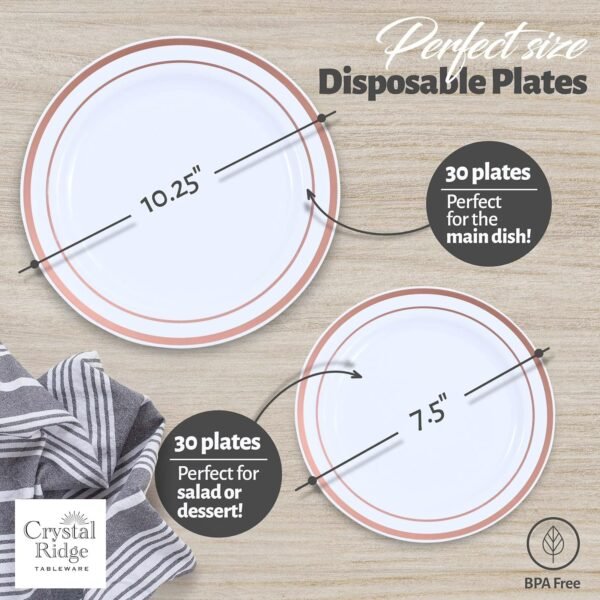 91ZUnqaz3dL._AC_SL1500.jpg 60-Piece Plastic Plates Set Premium 30 Dinner Plates & 30 Salad Plates Pack, Disposable Plates for Party - White Plastic Wedding Plates with Rose Gold Rim