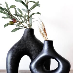 Carrot's Den Donut Vase, Set of 2 - Minimalist Nordic, White Ceramic Hollow Donut Vase Decor | Table Centerpiece, Olive Plant, Wedding, Living Room, Bookshelf, Office, Modern Home, Entryway, Console