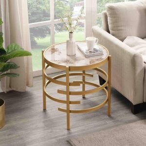 Modern Round Sofa Side Table for Living Room, Gold Small Coffee Table with Sintered Stone Top, Metal Frame, Easy Upkeep and Install, 20.7" W High-Temperature End Table