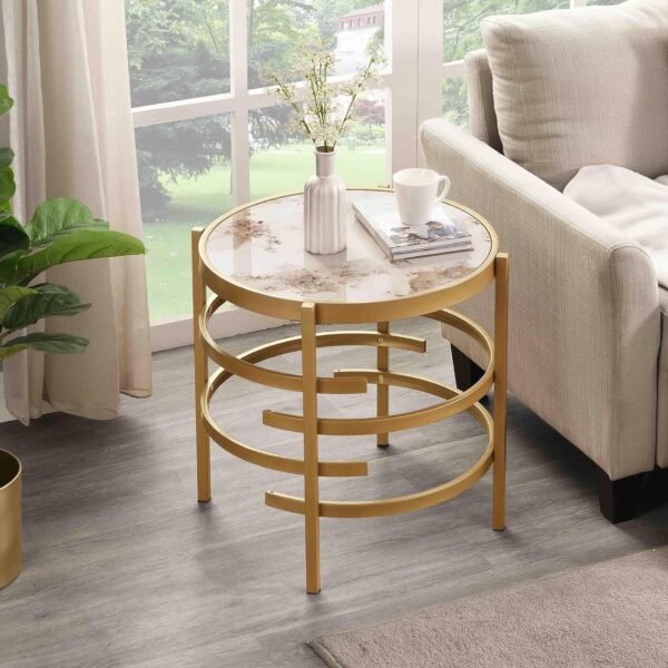 Modern Round Sofa Side Table for Living Room, Gold Small Coffee Table with Sintered Stone Top, Metal Frame, Easy Upkeep and Install, 20.7" W High-Temperature End Table