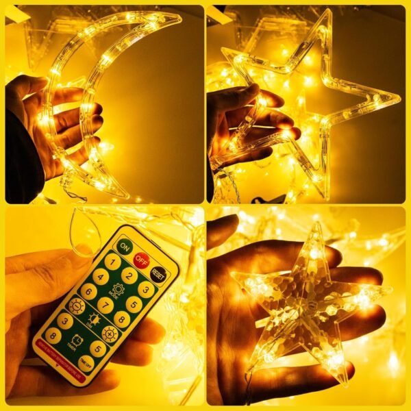 Solar Curtain Lights 138*LEDs, Star Moon Ramadan String Lights with 8 Lighting Mode, Timmer Setting, Ramadan Decorations, Waterproof Solar Powered Twinkle Hanging Fairy Lights for Outdoor