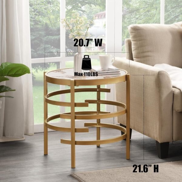 Modern Round Sofa Side Table for Living Room, Gold Small Coffee Table with Sintered Stone Top, Metal Frame, Easy Upkeep and Install, 20.7" W High-Temperature End Table
