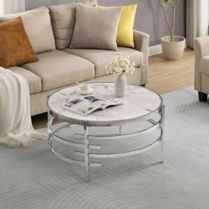 Modern Round Sofa Side Table for Living Room, Gold Small Coffee Table with Sintered Stone Top, Metal Frame, Easy Upkeep and Install, 20.7" W High-Temperature End Table