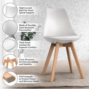 Mid-Century Modern Lounge Chair Set of 2 - High Back Rest, Soft Padded Seats & Solid Wood Legs - Dining, Living Room, Kitchen - DSW Shell Tulip Chair - White