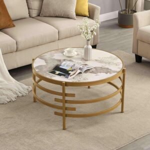 Modern Round Sofa Side Table for Living Room, Gold Small Coffee Table with Sintered Stone Top, Metal Frame, Easy Upkeep and Install, 20.7" W High-Temperature End Table