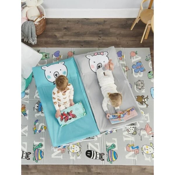 Portable crib with blue fitted sheet  folding bed furniture  folding bed with mattress